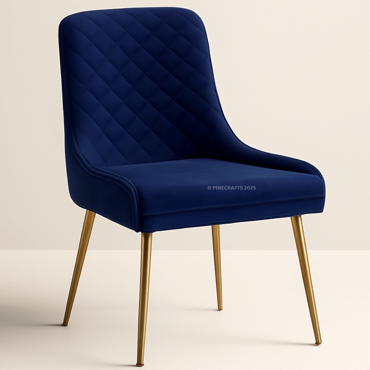 Blue quilted chair with gold legs on a beige background